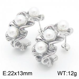 European and American fashion stainless steel creative wrinkled C-shaped inlaid pearl temperament silver  earrings - KE112713-MZOZ