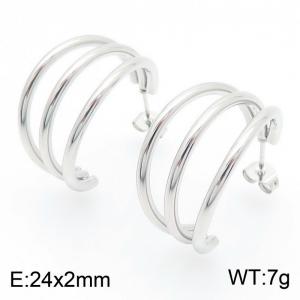Simple hollow three ring C-shaped steel colored stainless steel earrings - KE112732-YN