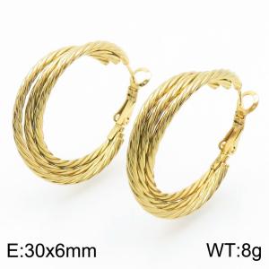 Geometric pattern three ring C-shaped golden stainless steel earrings - KE112737-YN
