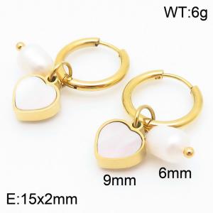 Stainless Steel Gold Plated Heart Shell Pearl Earrings - KE113948-KSP