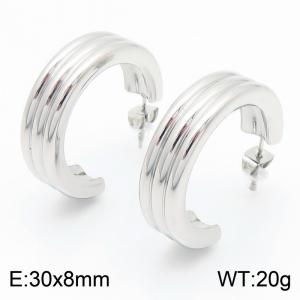 European and American fashionable stainless steel three ring corrugated C-shaped opening charm silver earrings - KE114127-KFC