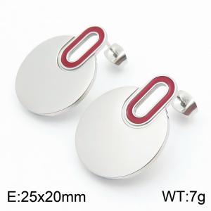 European and American fashion stainless steel creative circular splicing red hollow small oval temperament silver earrings - KE114370-K
