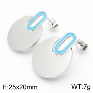 European and American fashion stainless steel creative circular splicing blue hollow small oval temperament silver earrings - KE114372-K