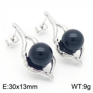 European and American fashion stainless steel creative leaf inlaid black agate beads versatile temperament silver earrings - KE114506-K