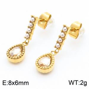 French retro personalized stainless steel tassel pearl rectangular connection champagne diamond droplet shaped pendant with versatile gold earrings - KE114613-KFC