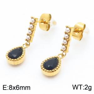 French retro personalized stainless steel tassel pearl rectangular connection black diamond droplet shaped pendant with versatile gold earrings - KE114615-KFC