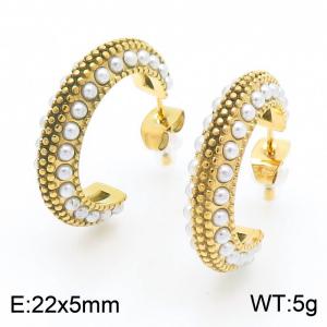 French retro personalized stainless steel inlaid with pearl C-shaped temperament versatile gold earrings - KE114621-KFC