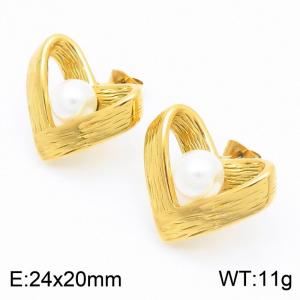 European and American fashion personality stainless steel creative wrinkle heart shaped pearl women's temperament gold earrings - KE114902-K