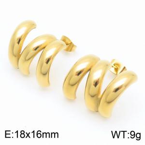 European and American fashion personality stainless steel creative three row hollow C-shaped women's temperament gold earrings - KE114909-K-