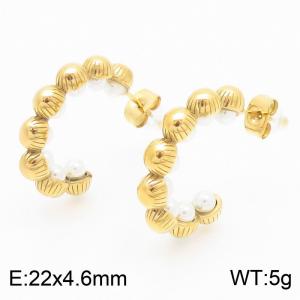 French retro personality ins style stainless steel creative half circle set with pearls C-shaped women's jewelry charm gold earrings - KE115665-KFC