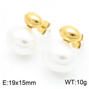 French retro personalized stainless steel oval splicing flat round pearl women's charm gold earrings - KE115684-GC