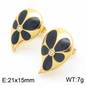 Fashionable and personalized Ins style stainless steel creative black drip oil flower water drip shaped temperament gold earrings - KE115784-GC
