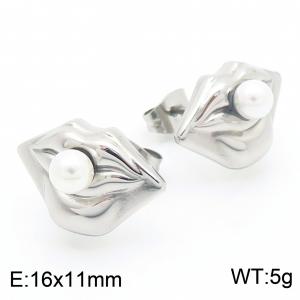 European and American fashion personality ins style stainless steel creative lips inlaid with pearls charm silver earrings - KE115794-GC