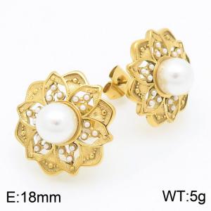 French retro personalized high-end stainless steel creative lotus inlaid pearl temperament gold earrings - KE116686-KFC