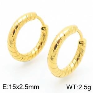 Women 15mm Gold-Plated Stainless Steel Striped Round Clip-on Earrings - KE117445-GC