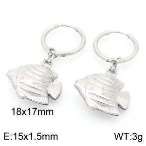 Fashionable stainless steel creative circle ear buckle hanging with small fish pendant temperament silver earrings - KE117515-GC