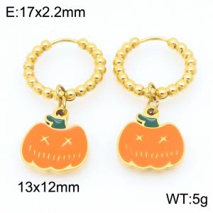Stainless steel creative Halloween series parody teeth baring expression pumpkin shaped pendant temperament gold earrings - KE121146-Z