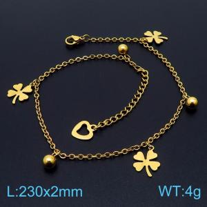 Gold Color Four Leaf Clovers Beads Heart Cuban Chain Lobster Claw Clasp Stainless Steel Anklet For Women - KJ3561-TK