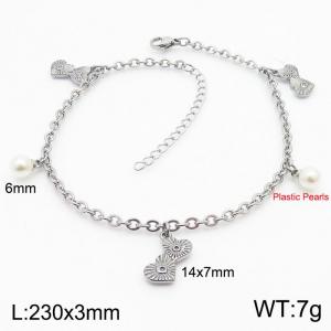 3mm Stainless Steel O Chain  Bracelet Link Chain With Heart and Plastic Pearls Silver Color - KJ3601-Z