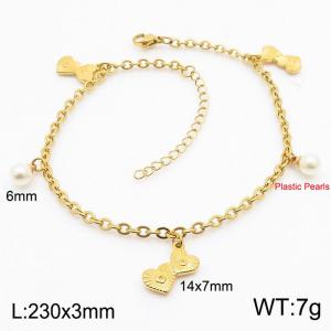 3mm Stainless Steel O Chain  Bracelet Link Chain With Heart and Plastic Pearls Gold Color - KJ3602-Z