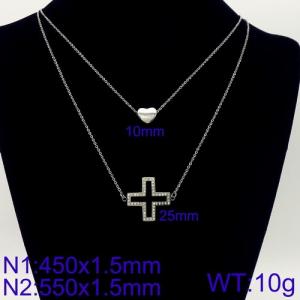 Silver Color Double Cable Chain with CZ Heart Cross Charm Pendant Necklace - KN107864-Z