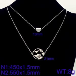 Silver Color Double Cable Chain with Heart and Map Charm Pendan Necklace - KN107866-Z