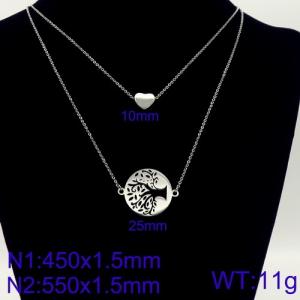 Women 450mm&550mm Stainless Steel Double Chain Necklace with Melancholy Autumn Tree&Heart Pendants - KN107868-Z