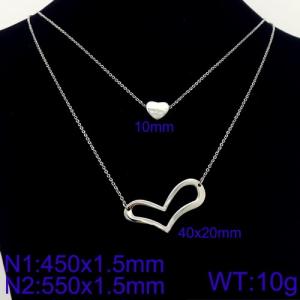 Women 450mm&550mm Stainless Steel Double Chain Necklace with Romantic Asymmetric Heart&Cartoon Heart Pendants - KN107869-Z