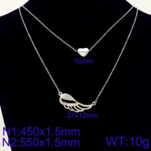 Women 450mm&550mm Stainless Steel Double Chain Necklace with Elegant Angel Wing&Heart Pendants - KN107870-Z