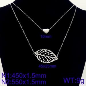 Women 450mm&550mm Stainless Steel Double Chain Necklace with Vital Leaf&Heart Pendants - KN107871-Z
