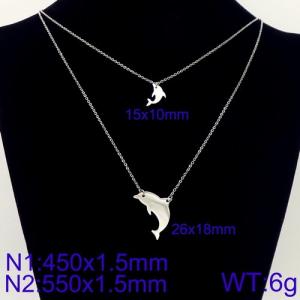 Women 450mm&550mm Stainless Steel Double Chain Necklace with Adorable Dorphin Pair Pendants - KN107872-Z