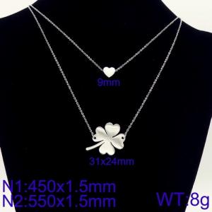 Women 450mm&550mm Stainless Steel Double Chain Necklace with Lucky Clover&Heart Pendants - KN107873-Z