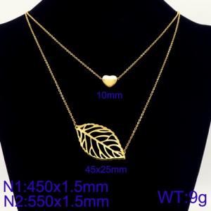 Women Gold-Plated 450mm&550mm Stainless Steel Double Chain Necklace with Vital Leaf&Heart Pendants - KN107874-Z