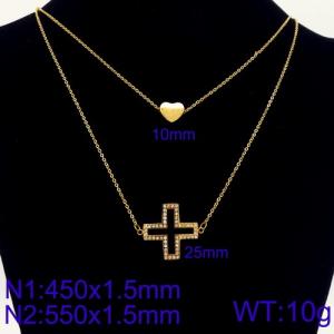 Women Gold-Plated 450mm&550mm Stainless Steel Double Chain Necklace with Zircone Cross&Heart Pendants - KN107875-Z