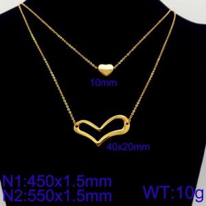 Women Gold-PLated450mm&550mm Stainless Steel Double Chain Necklace with Romantic Asymmetric Heart&Cartoon Heart Pendants - KN107879-Z