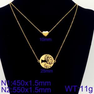 Women Gold-Plated 450mm&550mm Stainless Steel Double Chain Necklace with Melancholy Autumn Tree&Heart Pendants - KN107881-Z