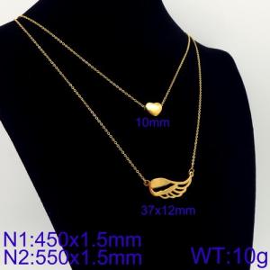 Women Gold-Plated 450mm&550mm Stainless Steel Double Chain Necklace with Vital Leaf&Heart Pendants - KN107883-Z