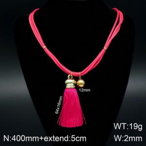 Simple gold bead red tassel titanium steel necklace - KN108064-Z