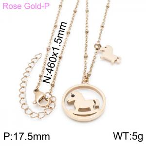 Cartoon animal collarbone necklace with hollowed out pony pendant and wooden horse Rose Gold-Plating Necklace - KN197104-KFC