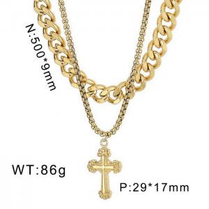 SS golden double chain cross Necklace - KN201775-KFC
