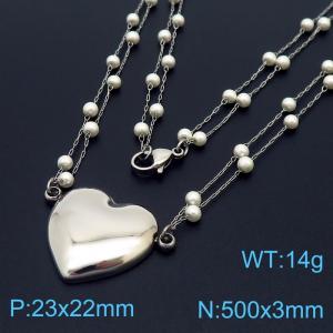 500mm Women Stainless Steel&Pearl Link Necklace with Love Heart Pendant - KN215501-Z