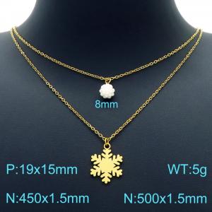 Women Gold-Plated 450mm&500mm Stainless Steel Double Chain Necklace with Cartoon Snowflake&White Clay Peals Pendants - KN226755-Z