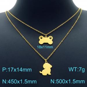 Women Gold-Plated 450mm&500mm Stainless Steel Double Chain Necklace with Cute Cartoon Doggy&Bone Pendants - KN226756-Z