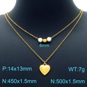 Gold Plating Double Cable Chain with Pear Beads and Heart  Charm Pendant Necklace - KN226760-Z