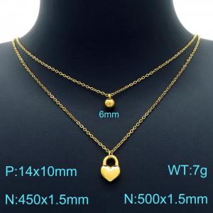 Gold Plating Double Cable Chain with Stainless Steel Beads and Heart Charm Pendant Necklace - KN226764-Z
