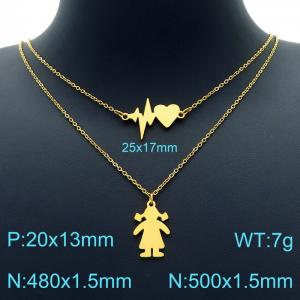 Gold Plated Stainless Steel Double chain Necklace with Heartbeat and llittle Girl - KN226769-Z