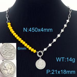 Yellow Bead Jewelry Splice Stainless Steel Heart Chain Elizabeth Pendant Necklaces - KN230136-Z