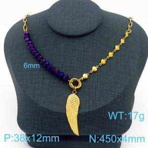 Gold Color Stainless Steel Angel Wings Beads Pendant Heart Link Chain Necklace For Women - KN230139-Z