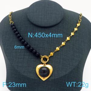 45cm Silver Color Stainless Steel Love Heart Cat's Eye Stone Beads Pendant Heart Link Chain Necklace For Women - KN230143-Z