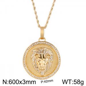 European and American hiphop stainless steel round brand necklace personality diamond lion head male pendant necklace - KN230162-K